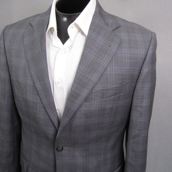 Joseph Abboud Two Piece Suit 41R 34Wx28L Gray Plaid Wool Double Vent Flat Front